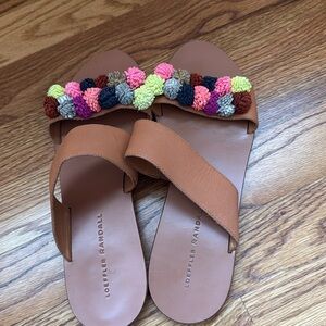 Loeffler Randall Tan Slide Sandals with Playful Pom Poms